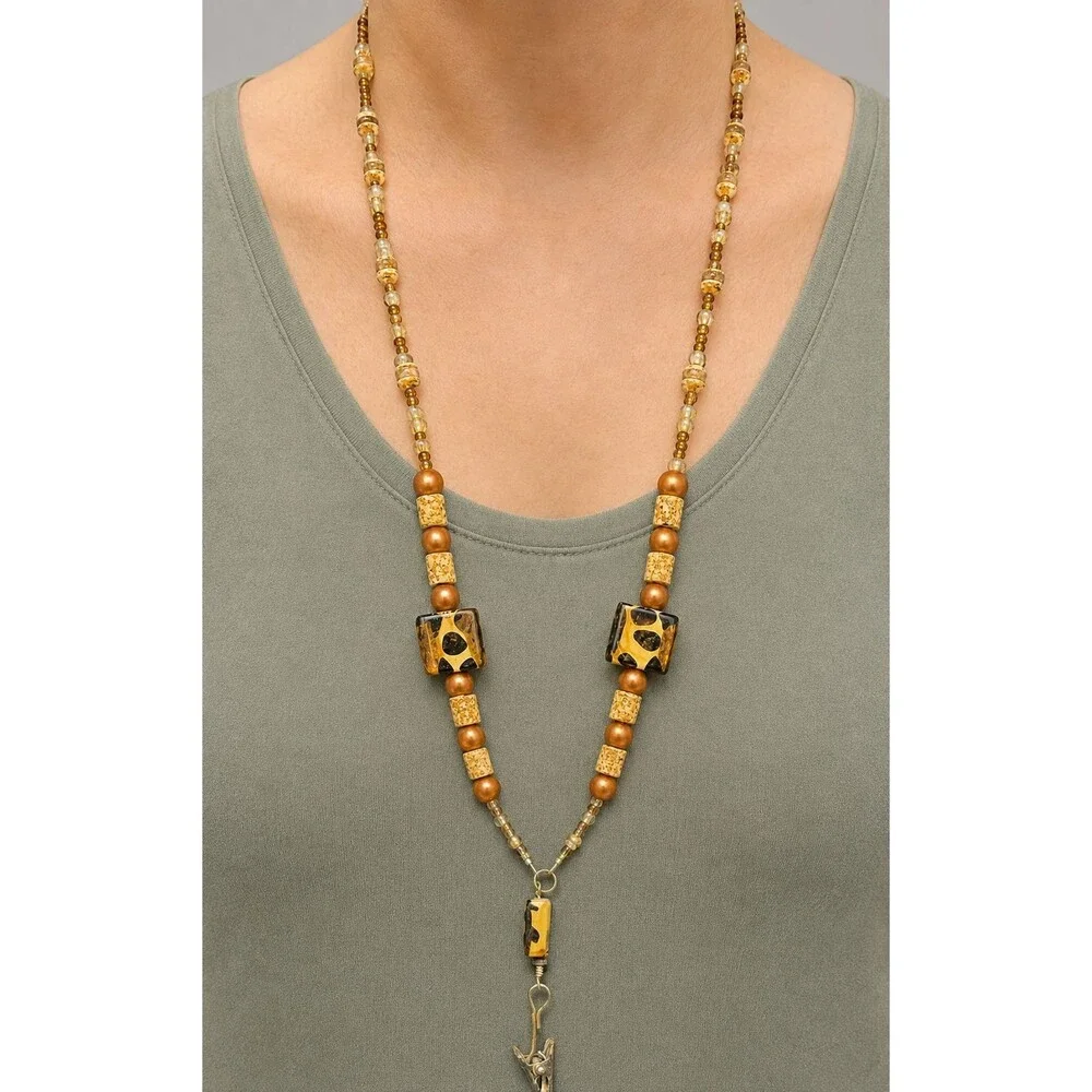 Animal Print Beaded ID Badge Holder Lanyard 30 Inch Amber Alligator Clip